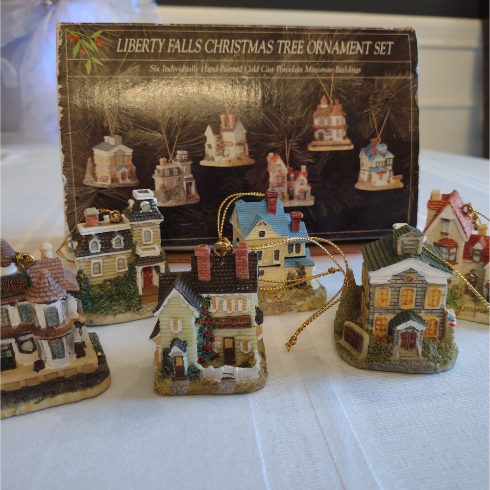 Vintage Set of 6  Liberty Falls Miniature House Christmas Tree Ornaments